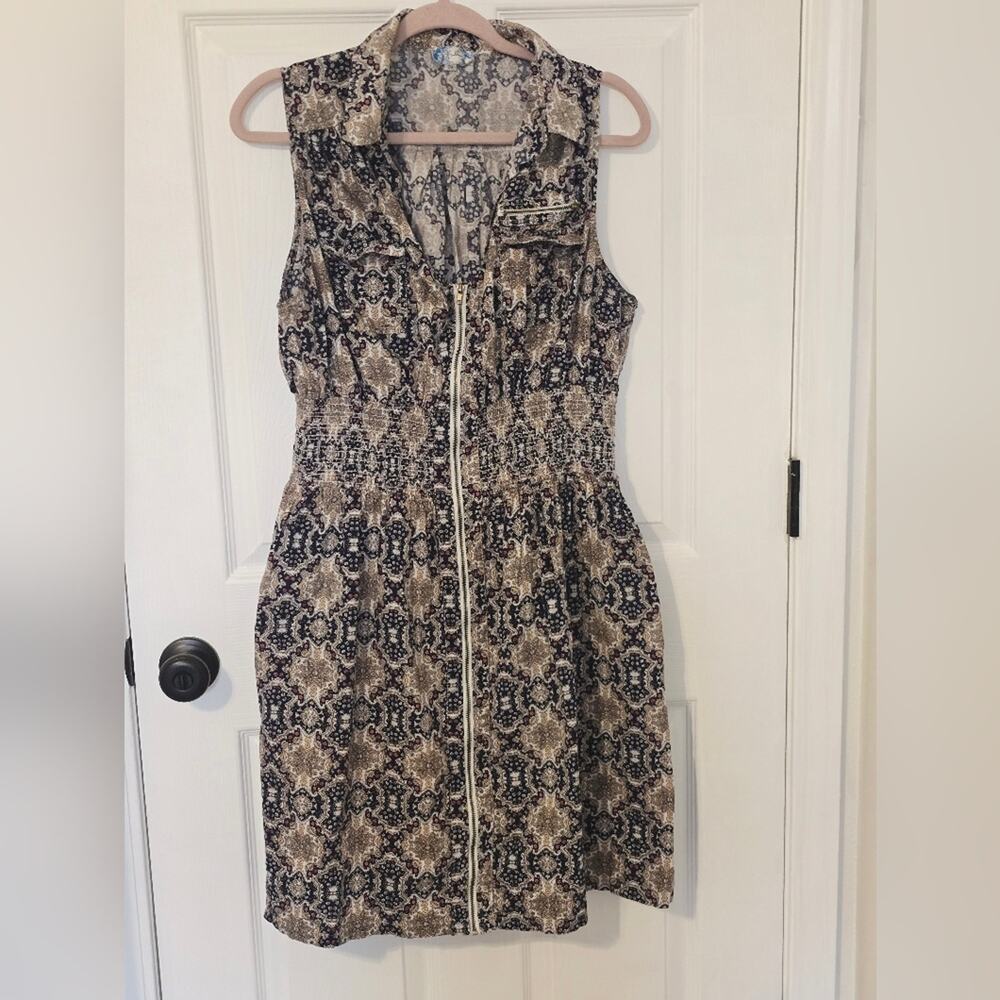 J Gee Sleeveless Ornate Patterned Dress Front Zipper Collared V Neck Boho 3X